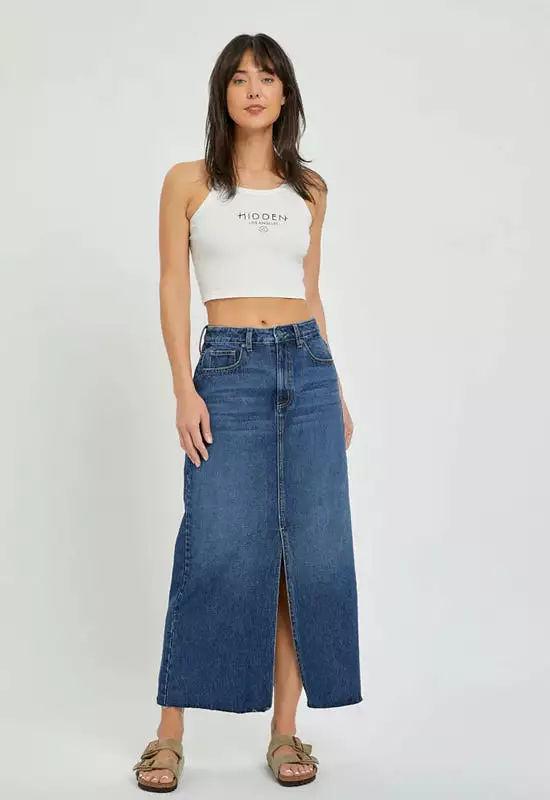 Hidden Jeans Peyton High Rise Denim Midi Skirt Dark Denim