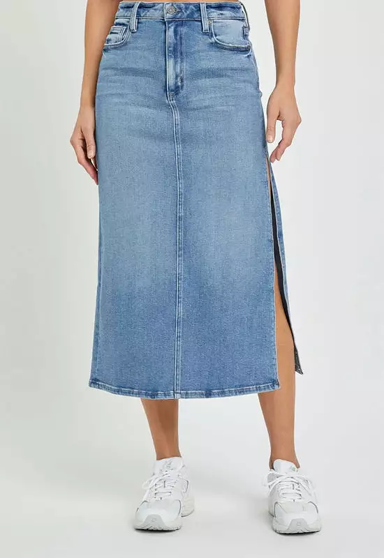 Hidden Peyton Midi Skirt Medium Light Denim Slit