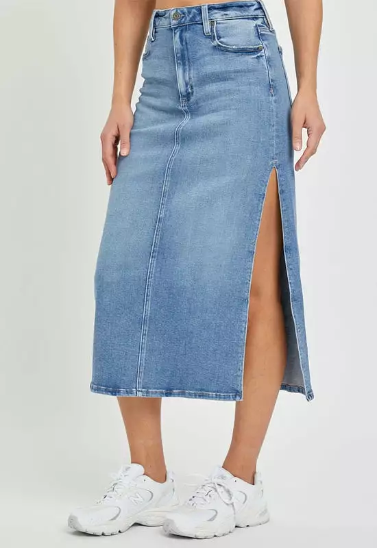 Hidden Peyton Midi Skirt Medium Light Denim Slit