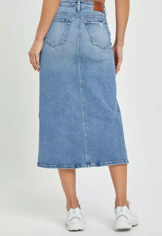 Hidden Peyton Midi Skirt Medium Light Denim Slit