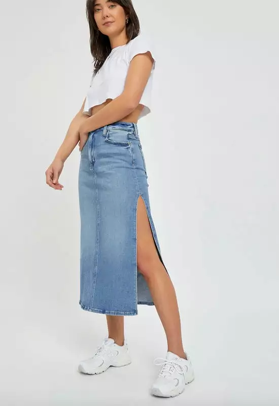 Hidden Peyton Midi Skirt Medium Light Denim Slit