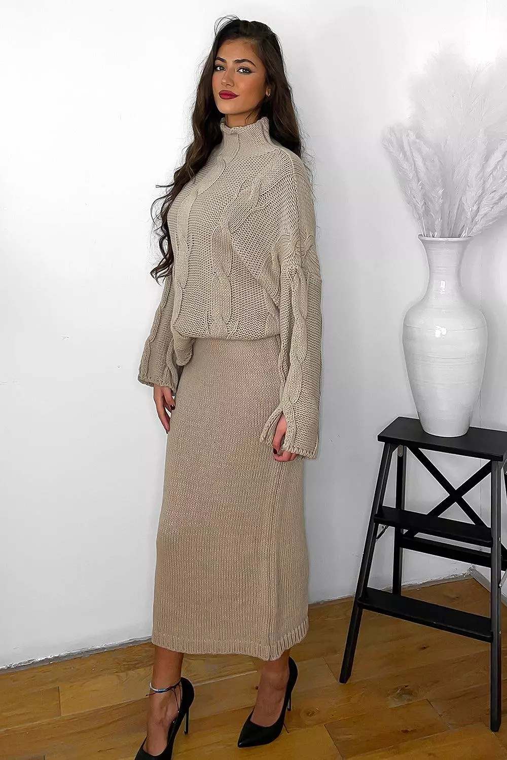 High Neck Braided Knit Pullover and Midi Skirt Set