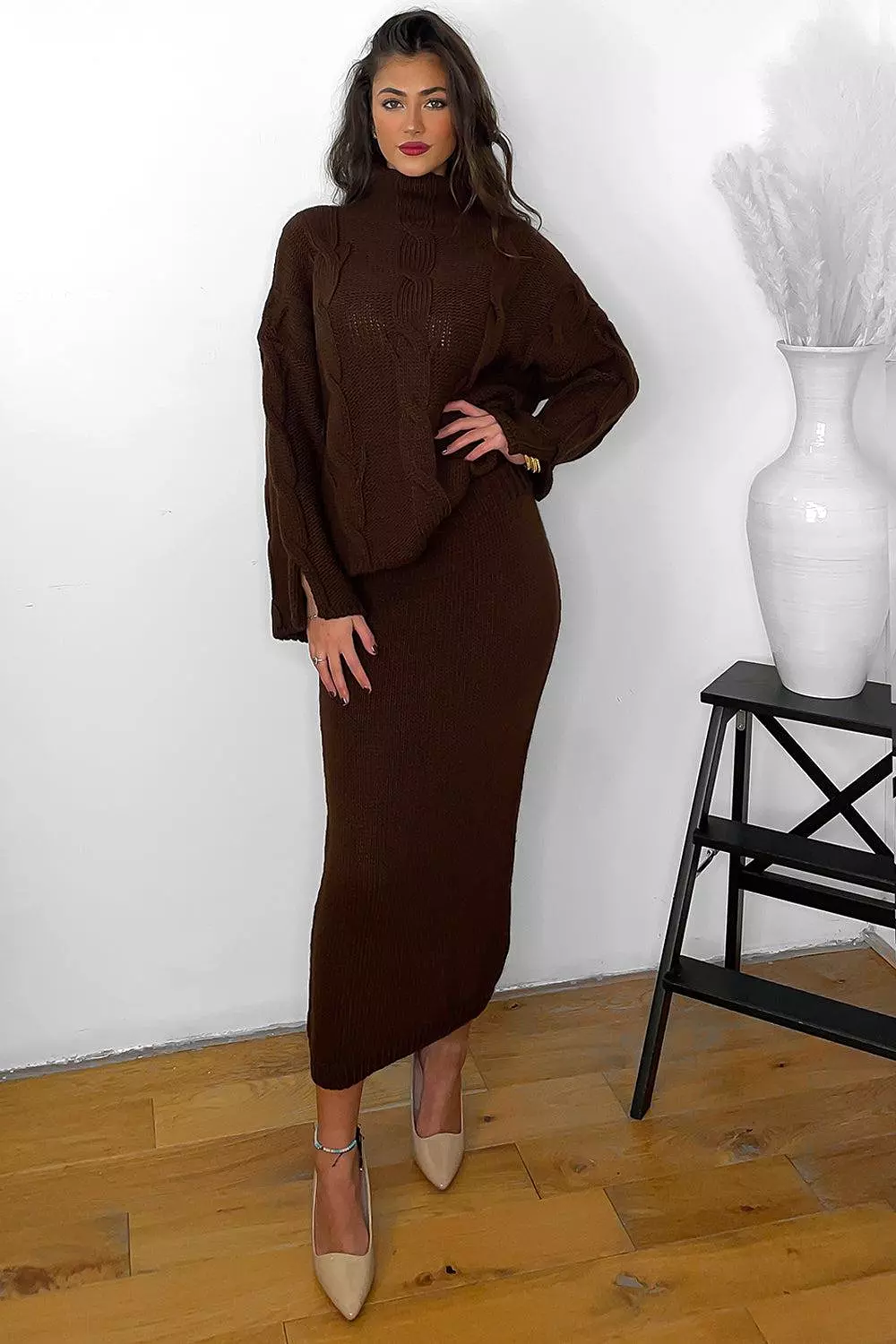 High Neck Braided Knit Pullover and Midi Skirt Set