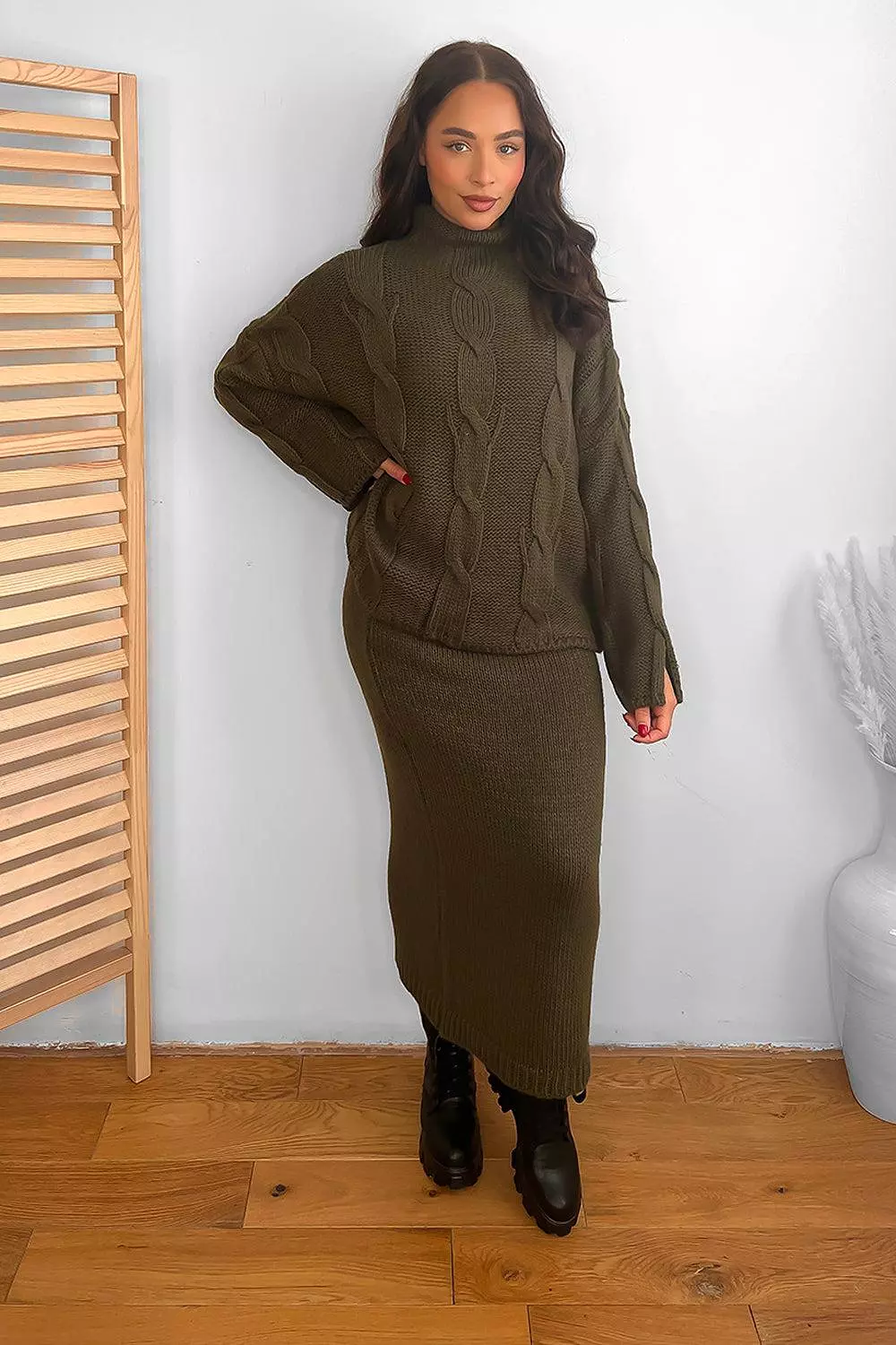 High Neck Braided Knit Pullover and Midi Skirt Set