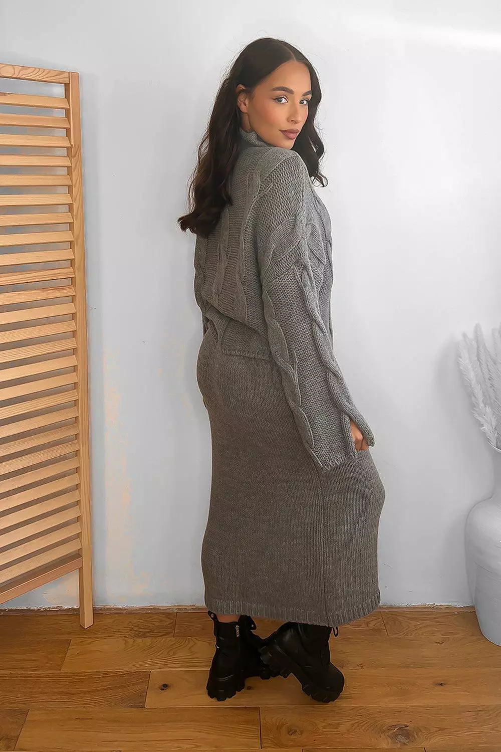 High Neck Braided Knit Pullover and Midi Skirt Set