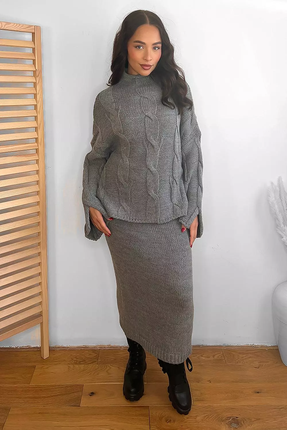 High Neck Braided Knit Pullover and Midi Skirt Set