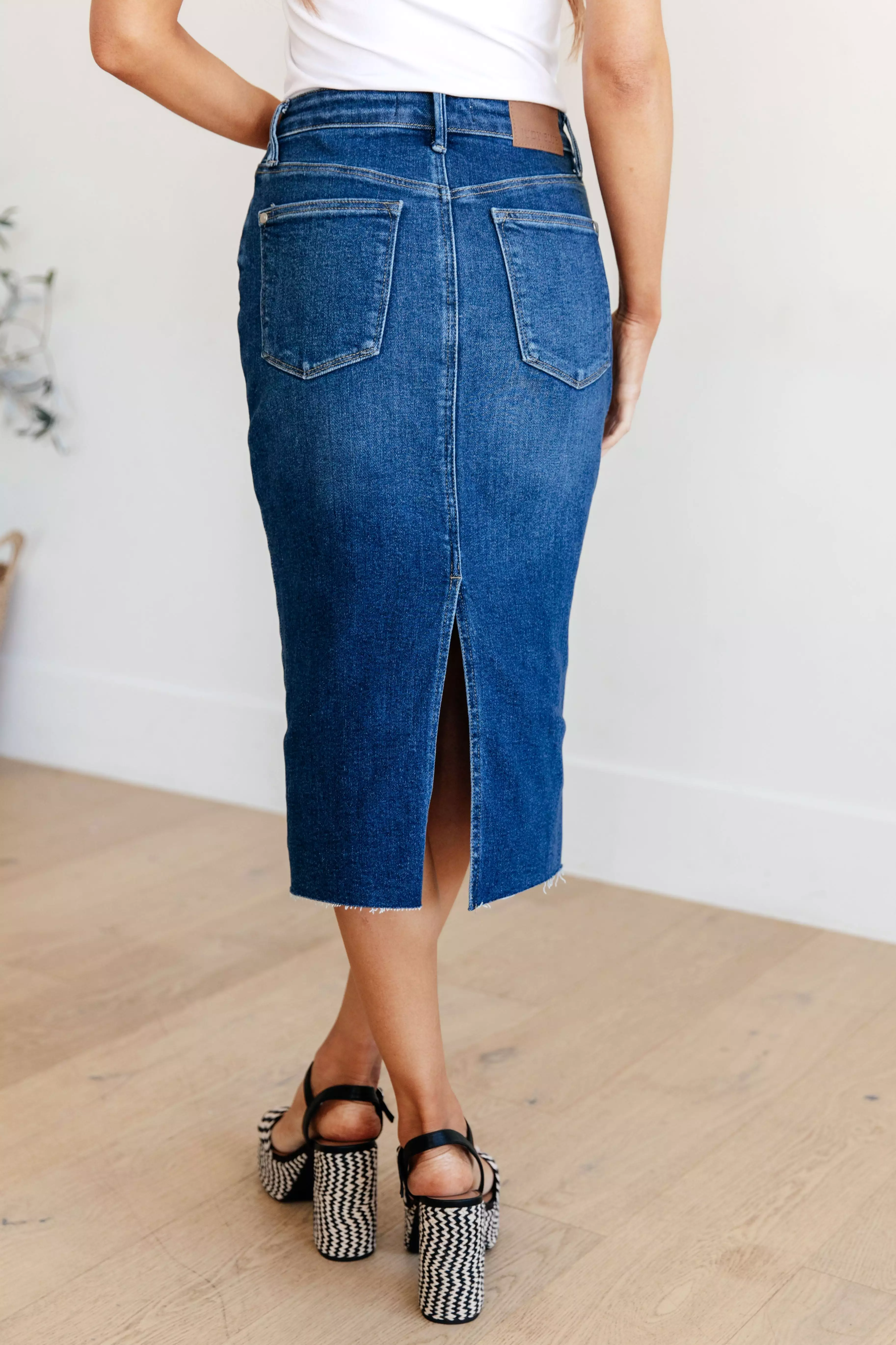 High Rise Denim Midi Skirt