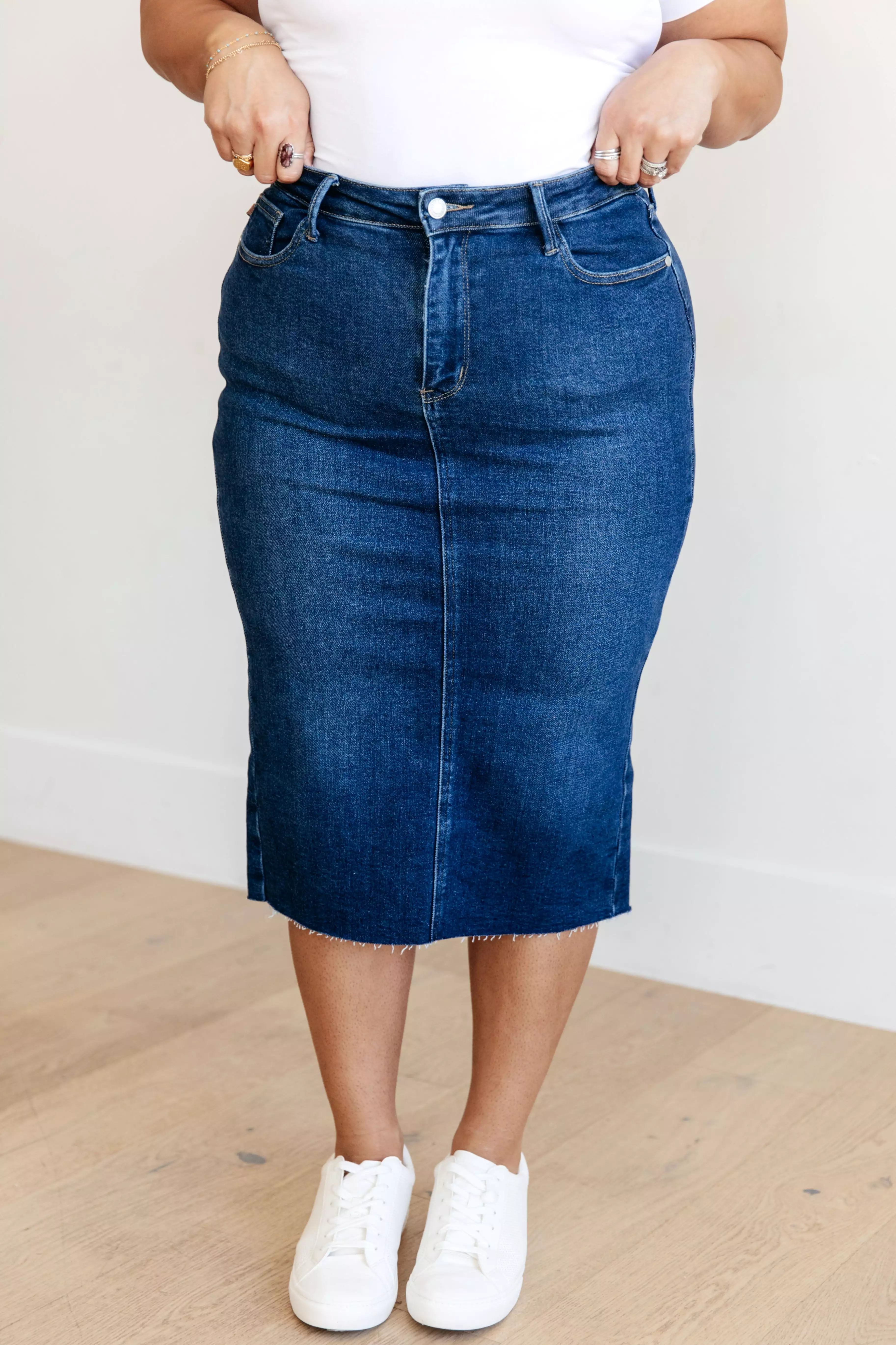 High Rise Denim Midi Skirt