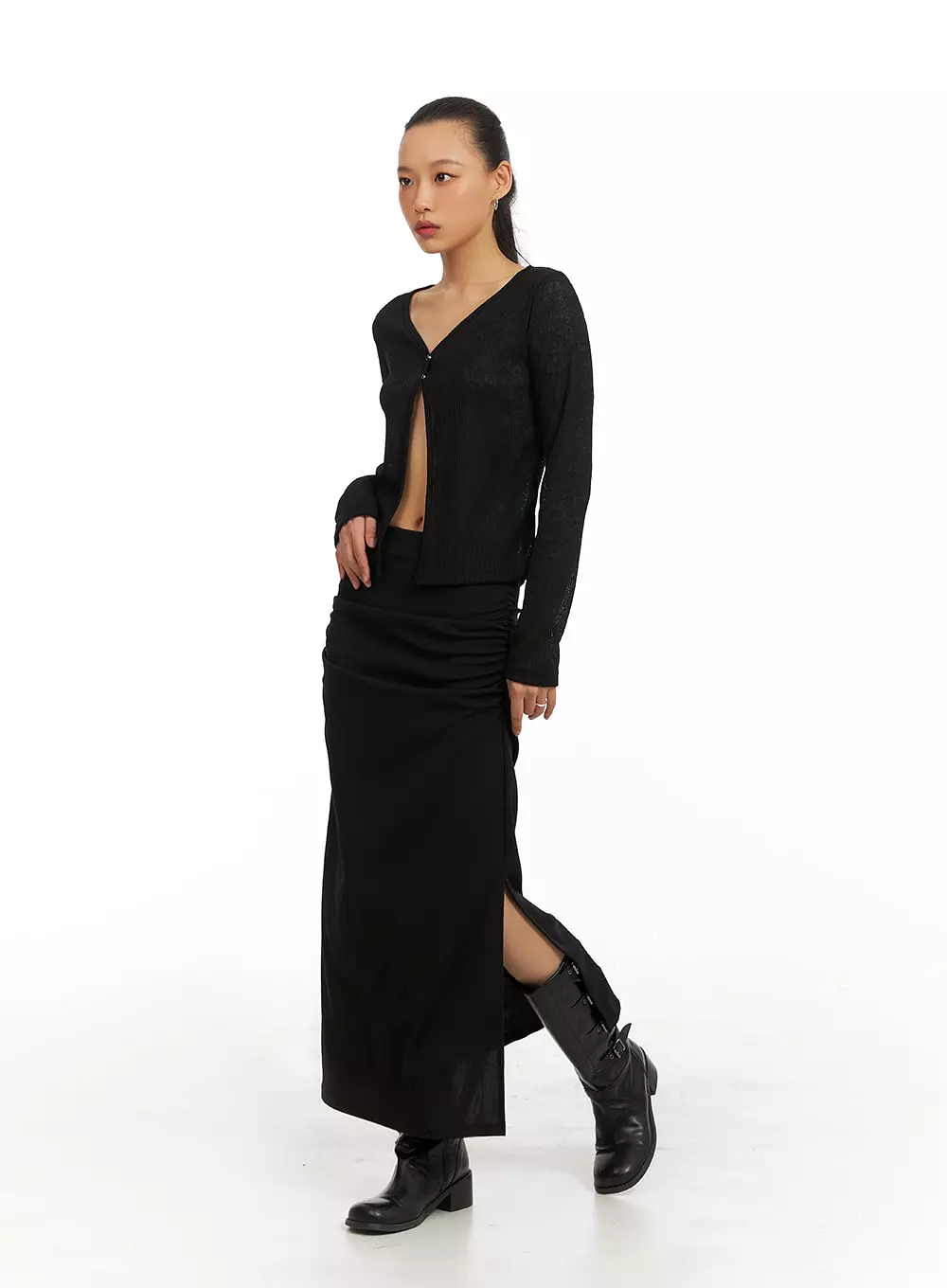 IA417 Slit Shirred Maxi Skirt.