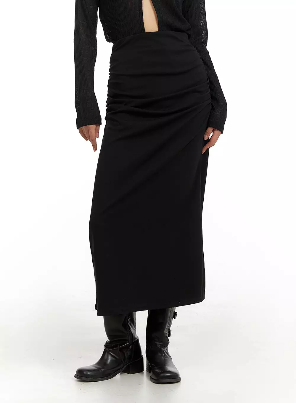 IA417 Slit Shirred Maxi Skirt.