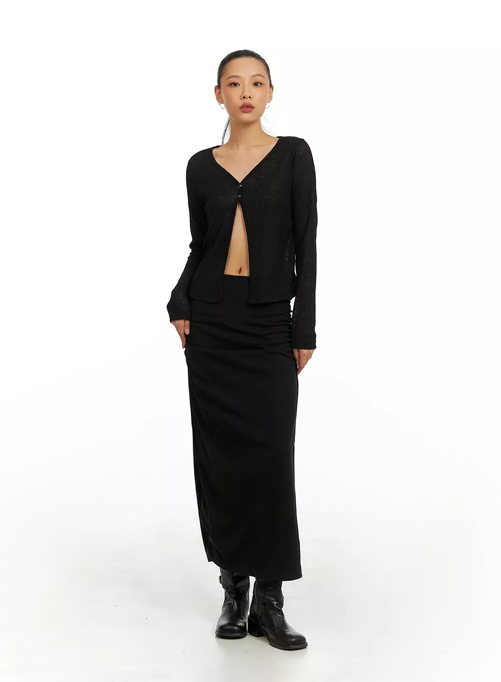 IA417 Slit Shirred Maxi Skirt.