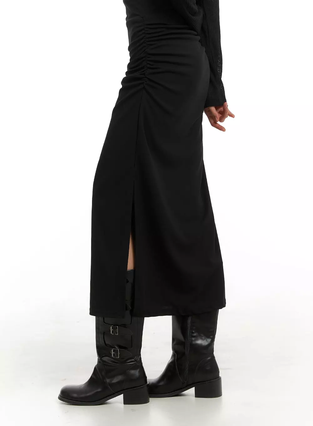 IA417 Slit Shirred Maxi Skirt.