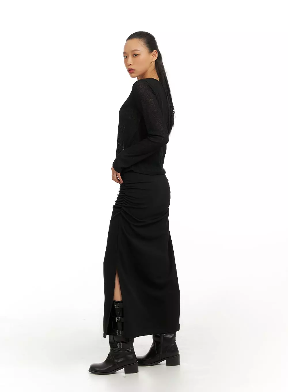 IA417 Slit Shirred Maxi Skirt.