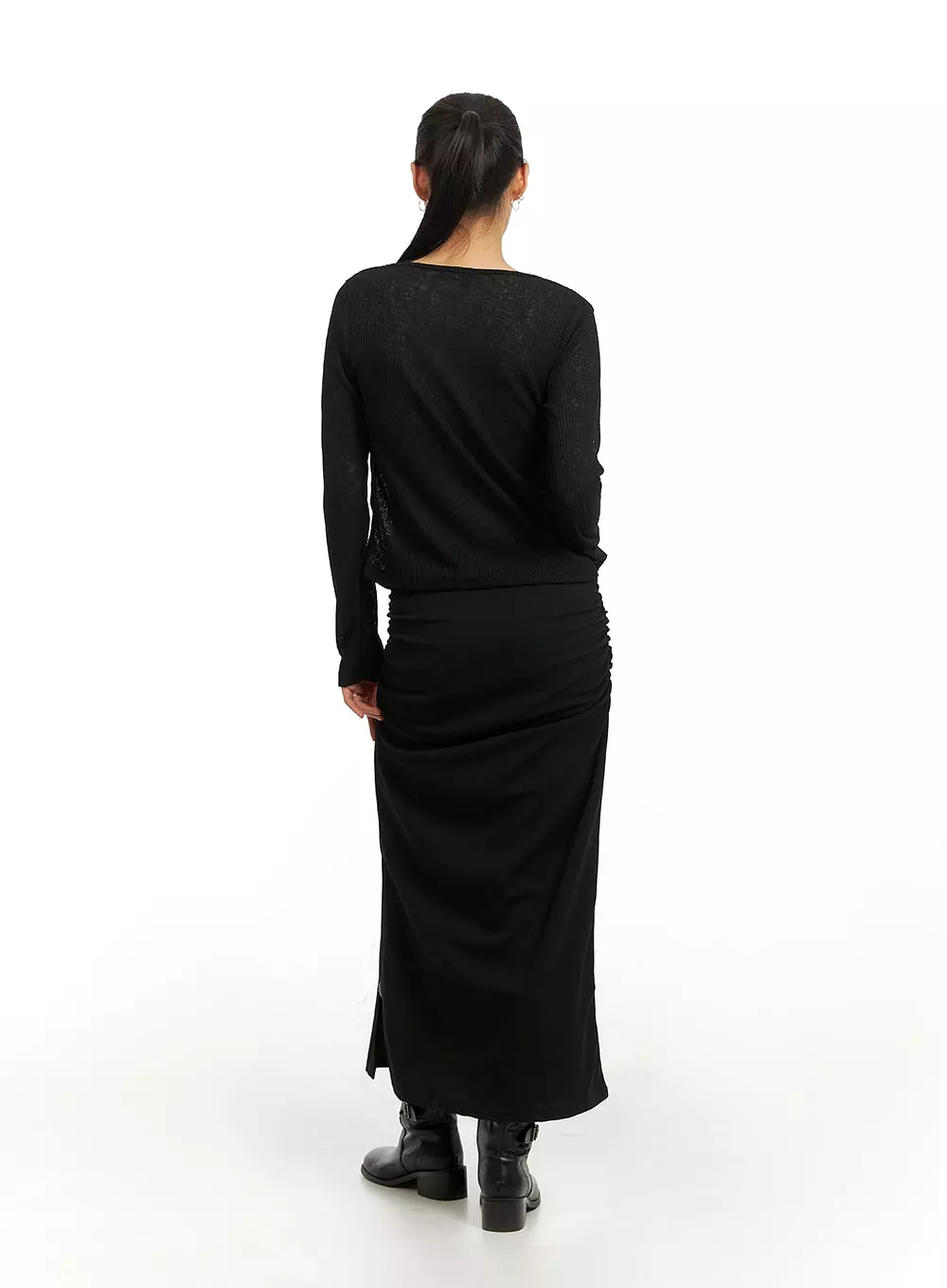 IA417 Slit Shirred Maxi Skirt.