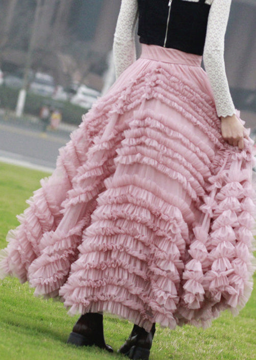 Italian Pink Tulle Skirts, Ruffled High Waist, Spring Collection, AB1005