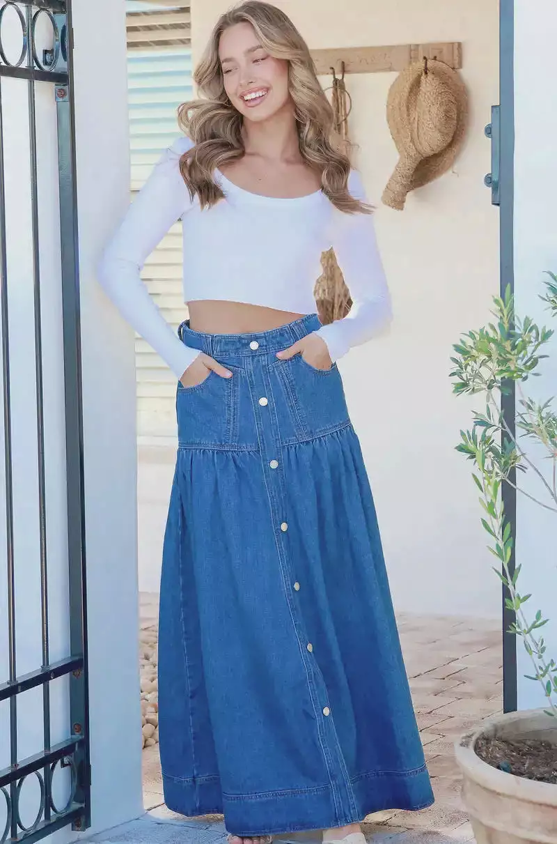 Kentucky Denim Maxi Skirt Mid Blue