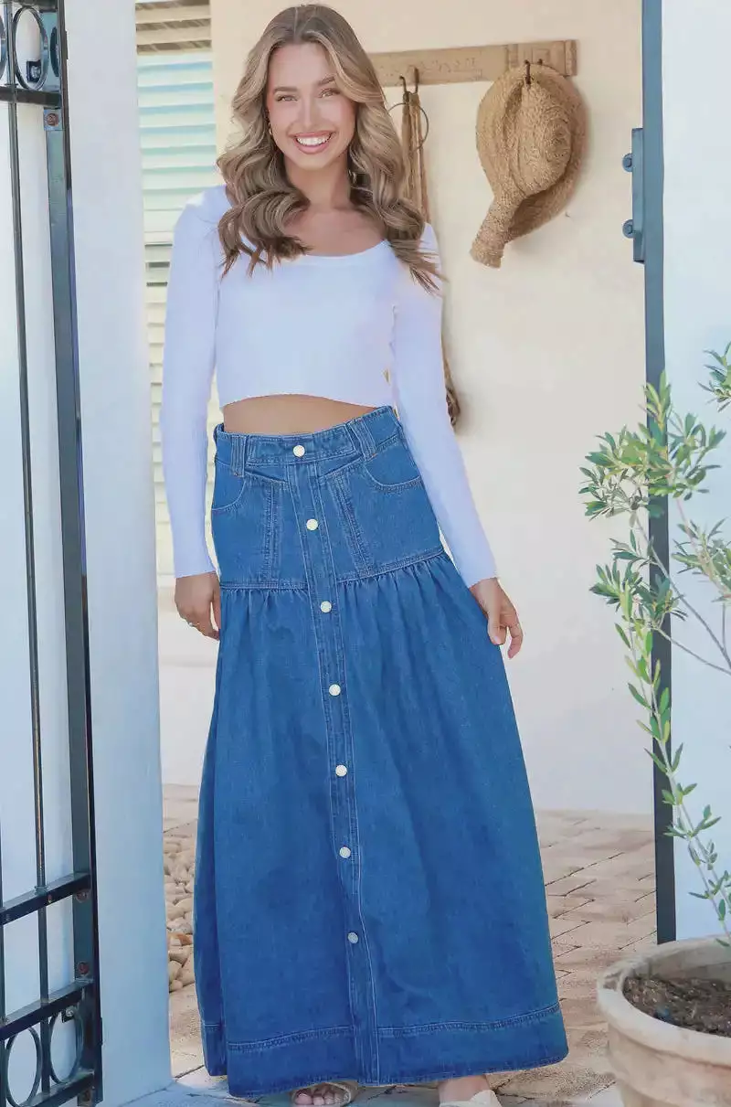 Kentucky Denim Maxi Skirt Mid Blue