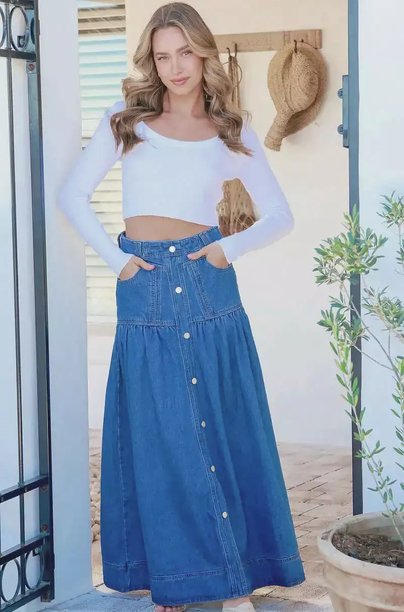 Kentucky Denim Maxi Skirt Mid Blue