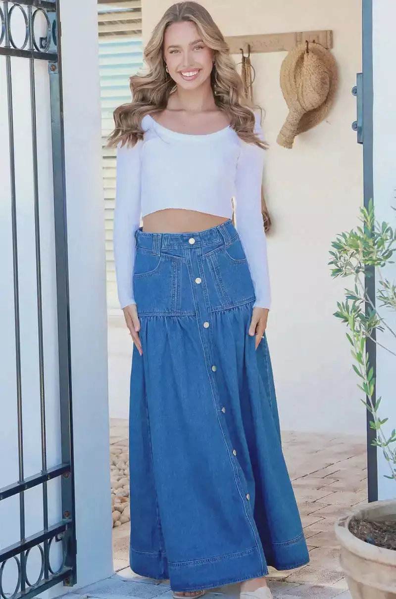 Kentucky Denim Maxi Skirt Mid Blue