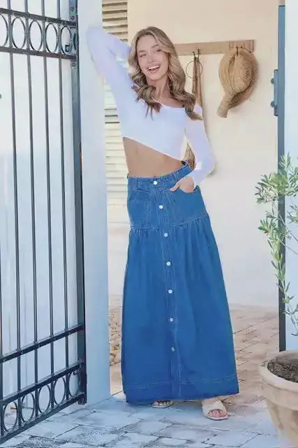 Kentucky Denim Maxi Skirt Mid Blue