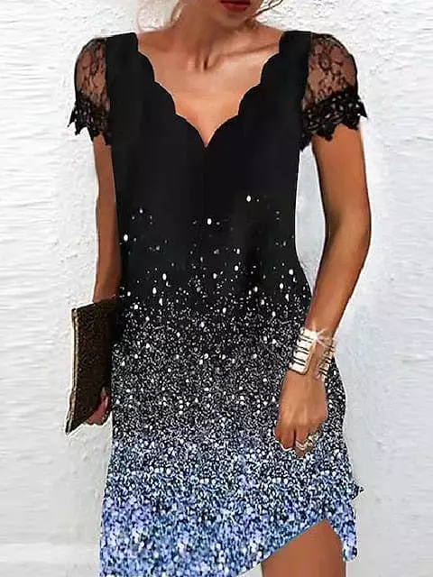 Lace Shift Dress with Gradient Color Detail and V-Neck - Versatile Dress for Any Occasion