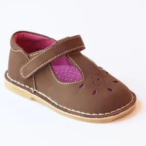 L'Amour Girls Classic Brown Nubuck Leather Mary Janes D502