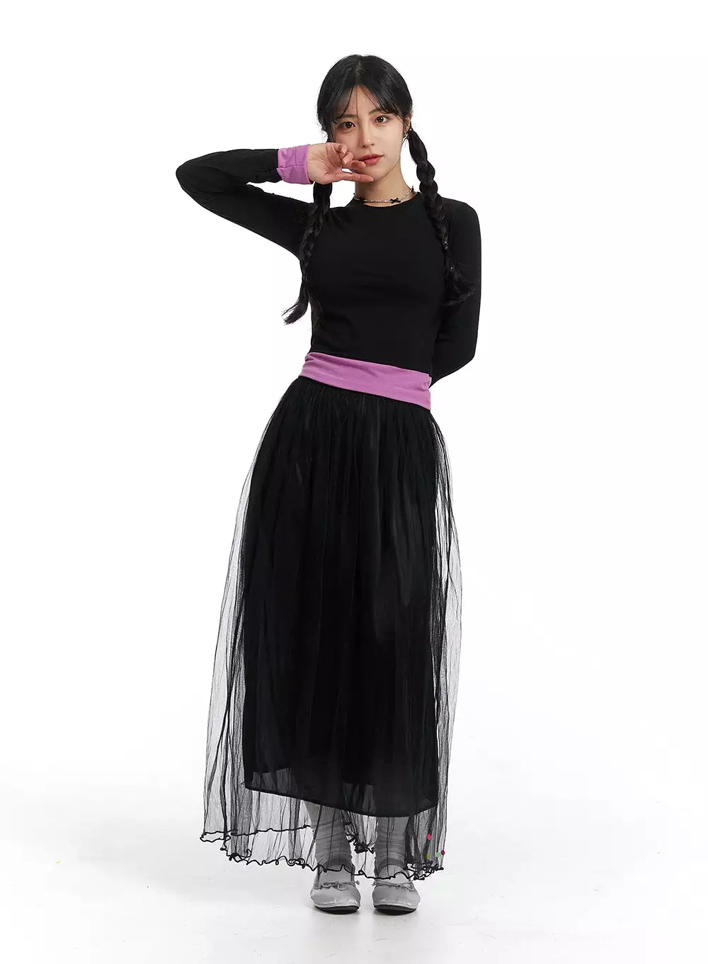 Layered Maxi Skirt with Mesh Detail OJ431