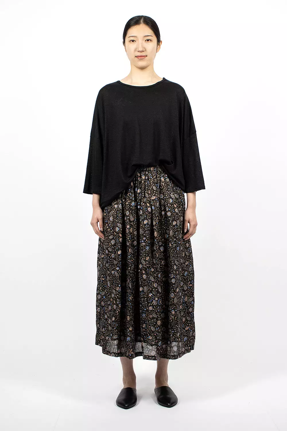 Linen Black Floral Skirt