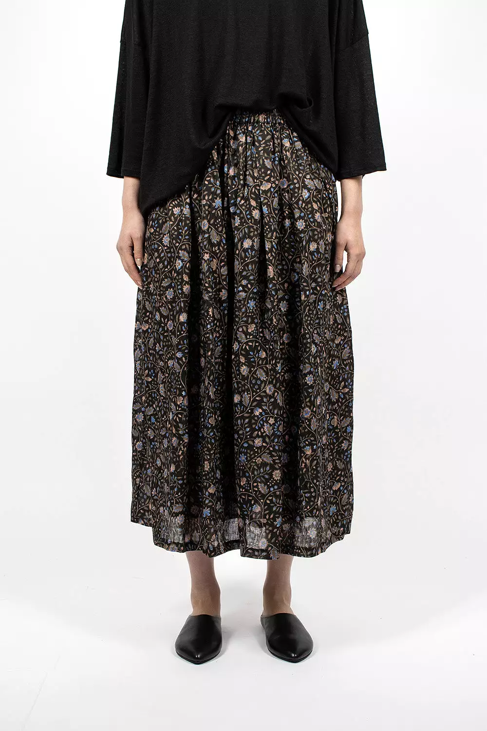 Linen Black Floral Skirt