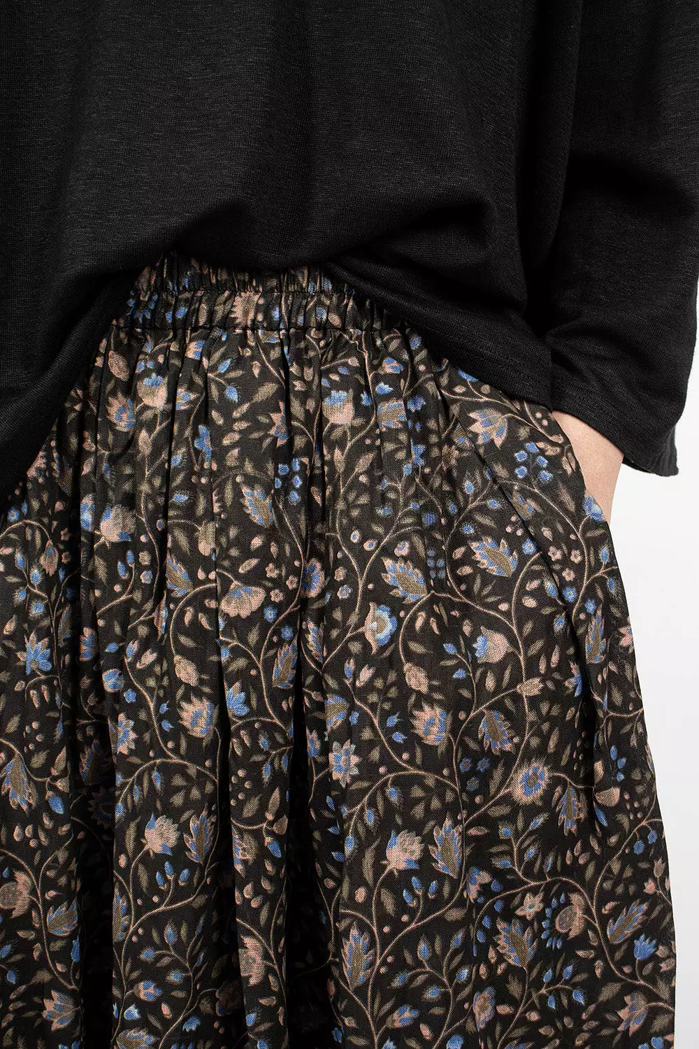 Linen Black Floral Skirt