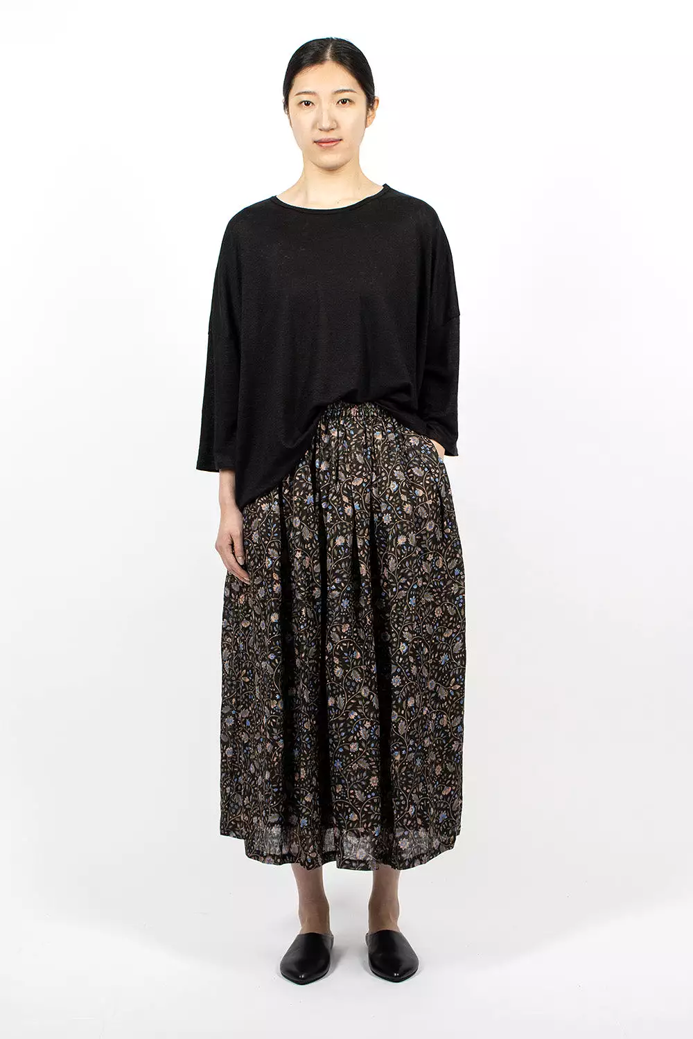 Linen Black Floral Skirt