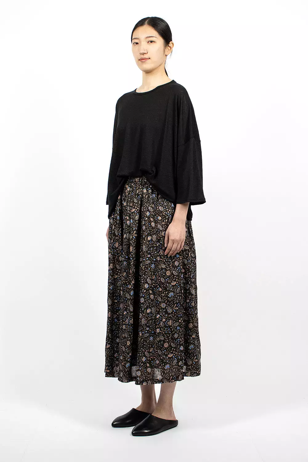 Linen Black Floral Skirt