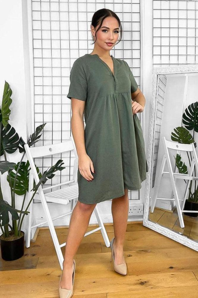 Linen Blend Shift Dress with Grandad Collar