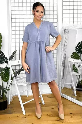 Linen Blend Shift Dress with Grandad Collar