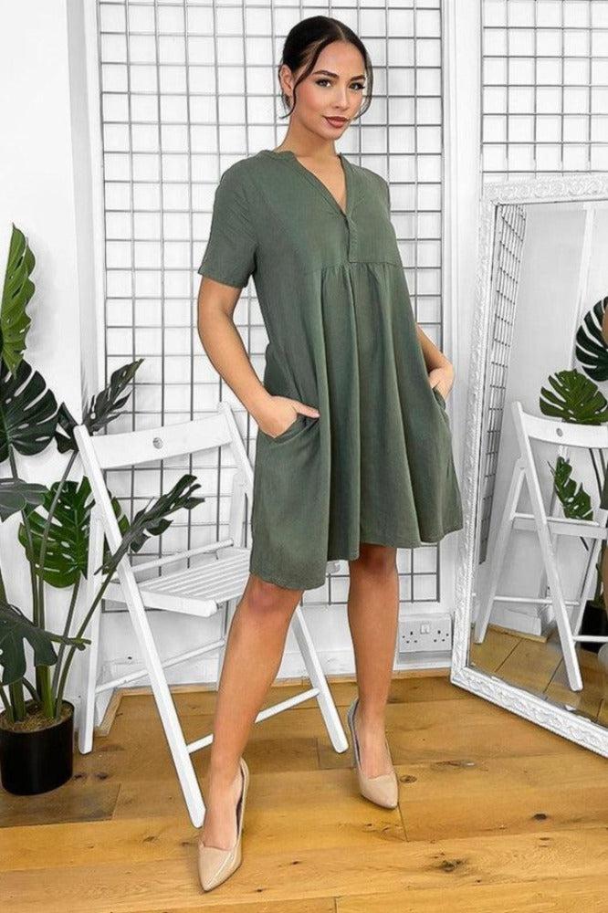 Linen Blend Shift Dress with Grandad Collar