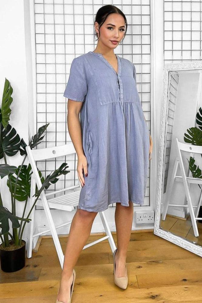 Linen Blend Shift Dress with Grandad Collar