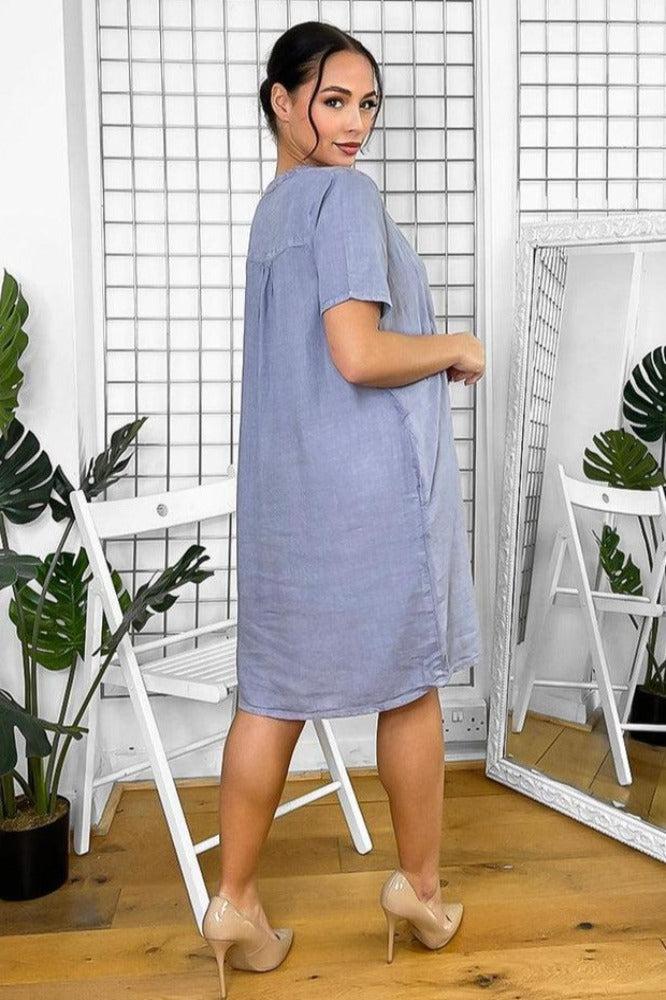 Linen Blend Shift Dress with Grandad Collar