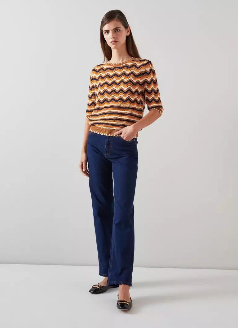 LK Bennett Brown Multi Cotton Wavy Knit Top