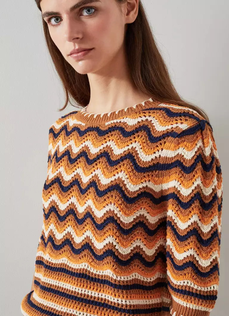 LK Bennett Brown Multi Cotton Wavy Knit Top