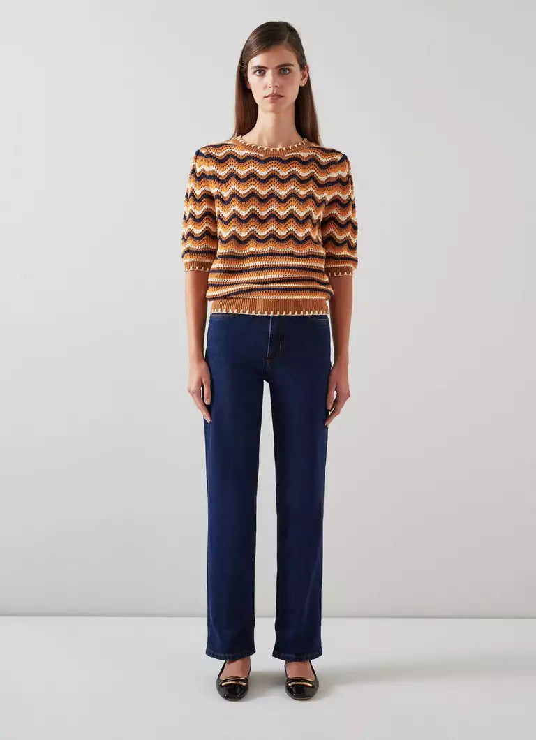 LK Bennett Brown Multi Cotton Wavy Knit Top