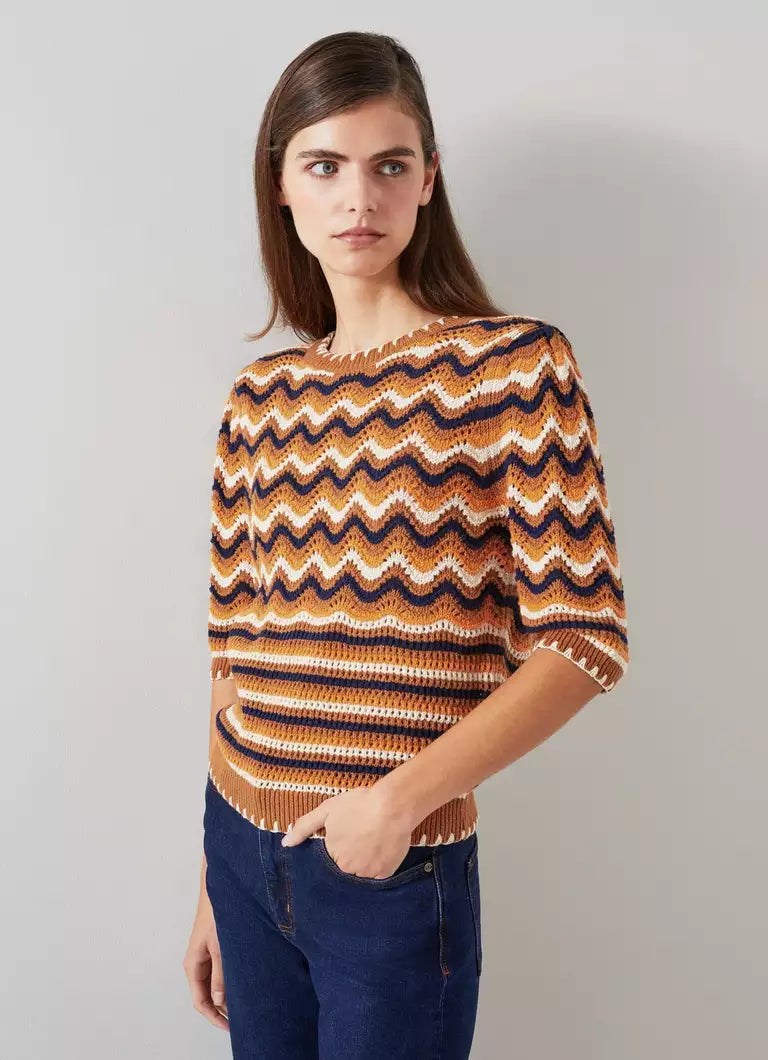 LK Bennett Brown Multi Cotton Wavy Knit Top