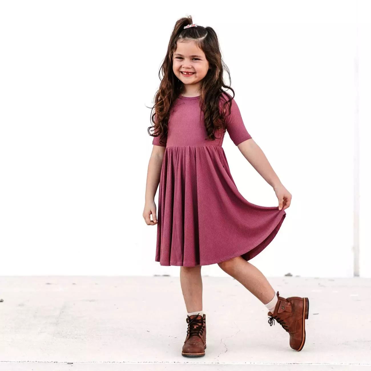 Mauve Ribbed Mid Sleeve Twirl Dress