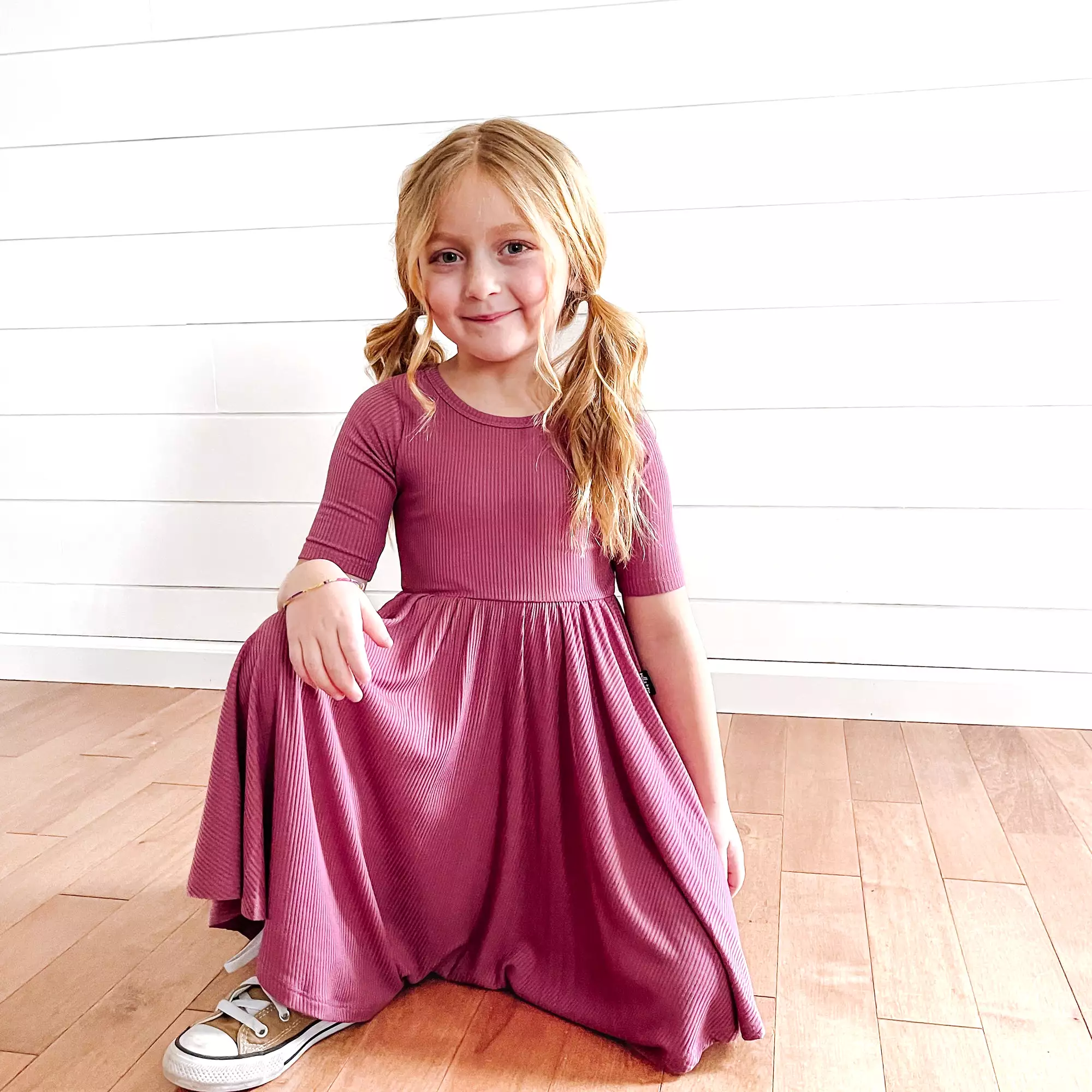 Mauve Ribbed Mid Sleeve Twirl Dress