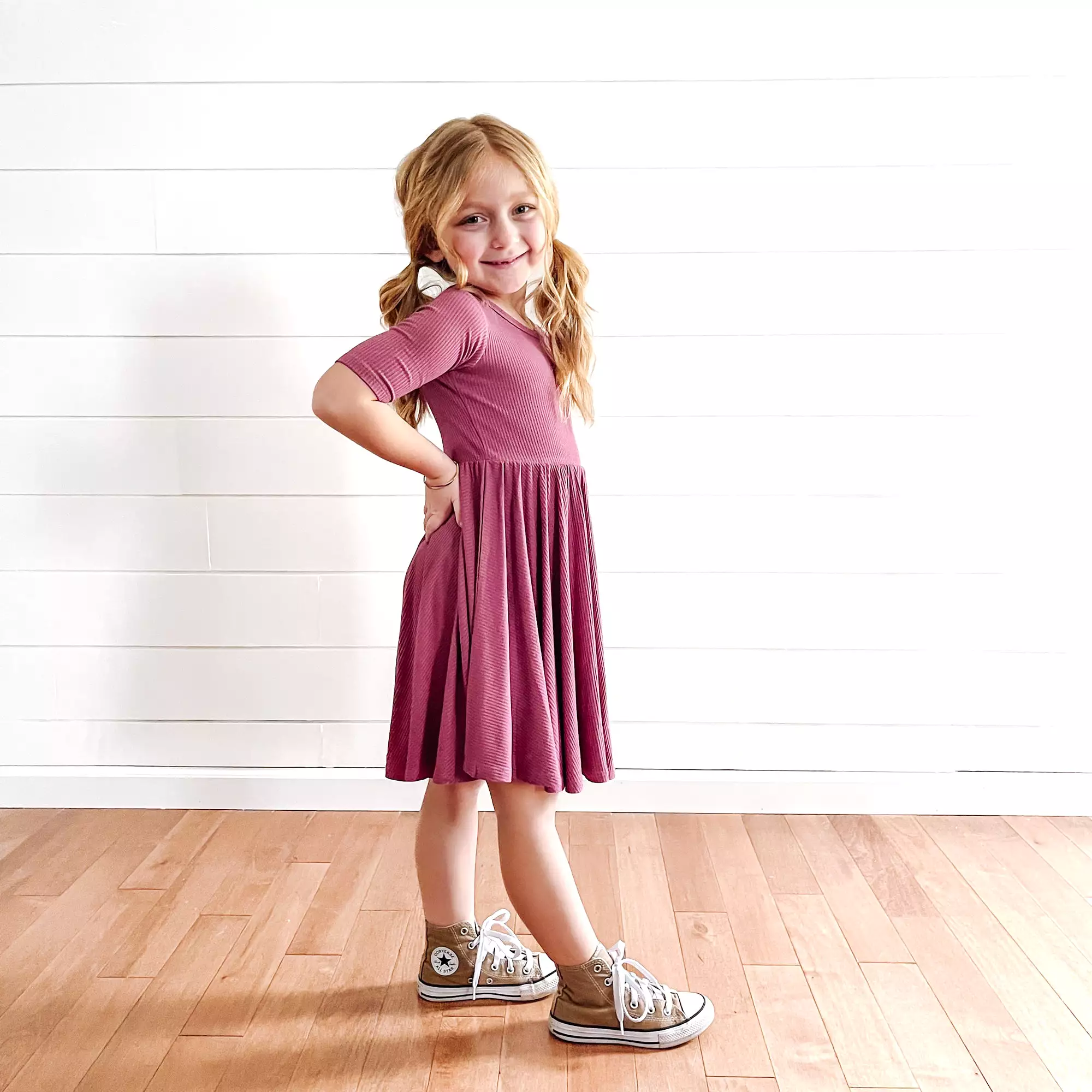 Mauve Ribbed Mid Sleeve Twirl Dress