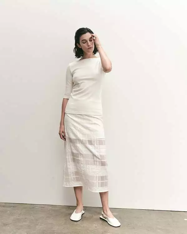 Mijeong Park White Plaid Lace Midi Skirt