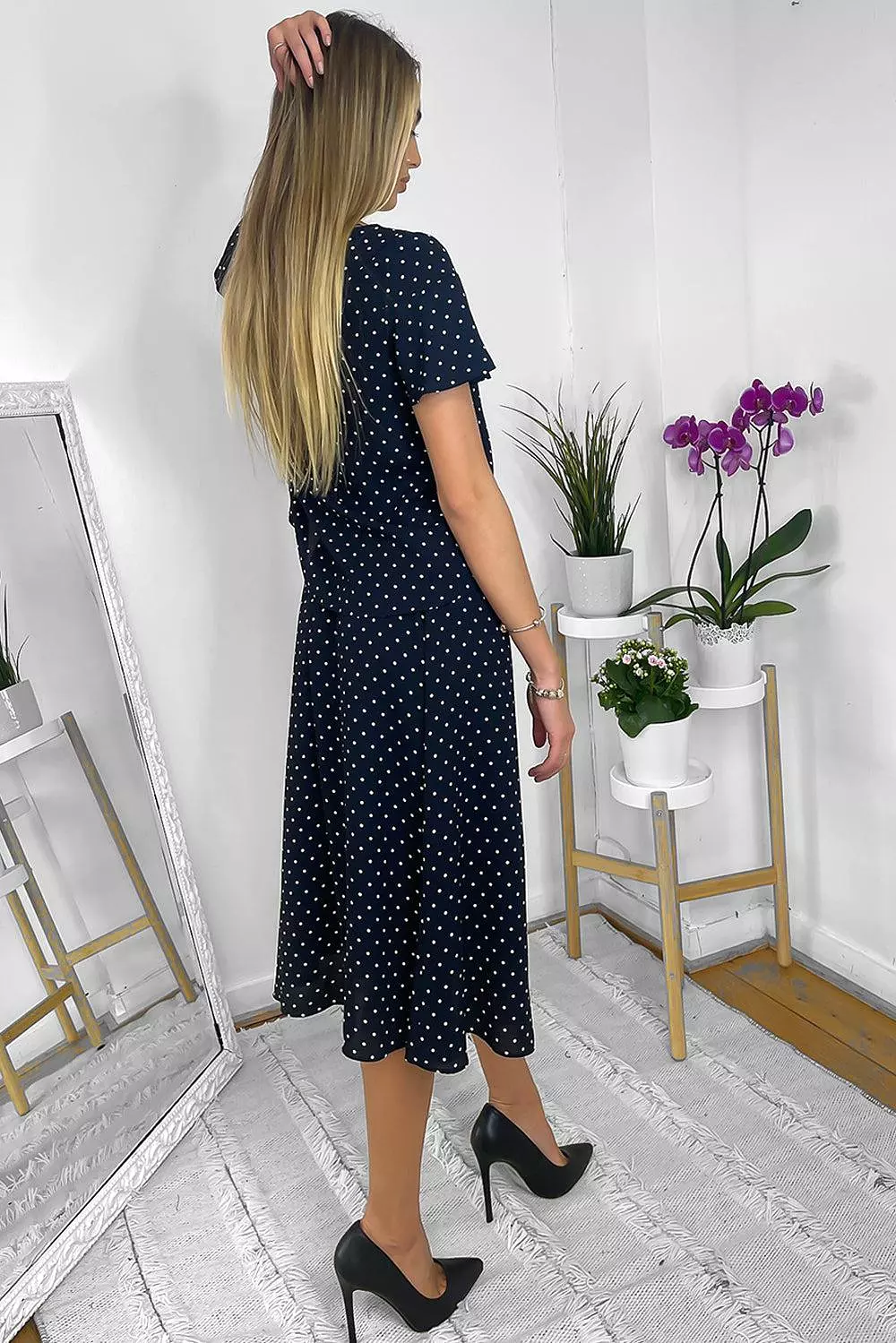 Navy Polka Dot Frilled Top and Midi Skirt Set for Women