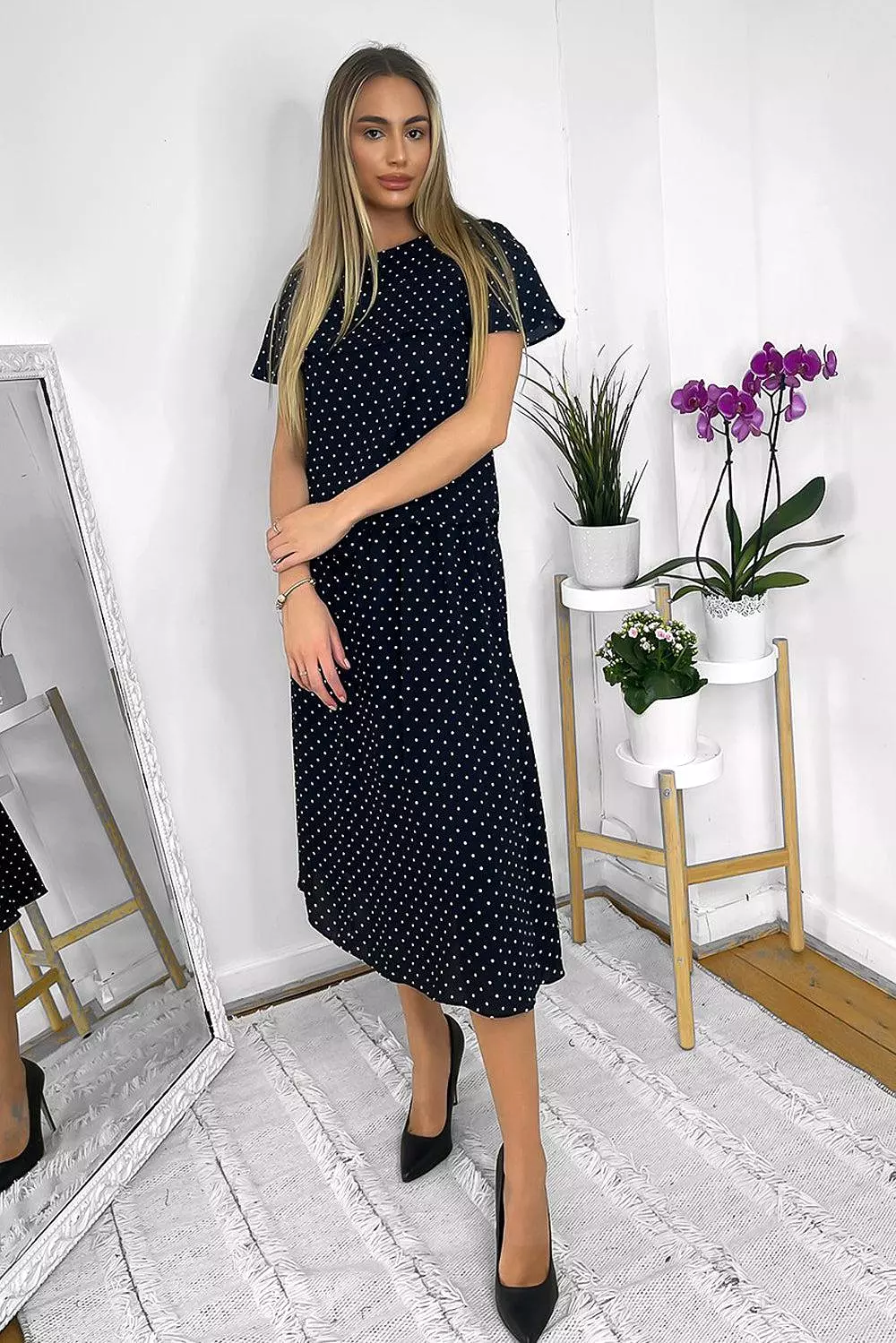 Navy Polka Dot Frilled Top and Midi Skirt Set for Women