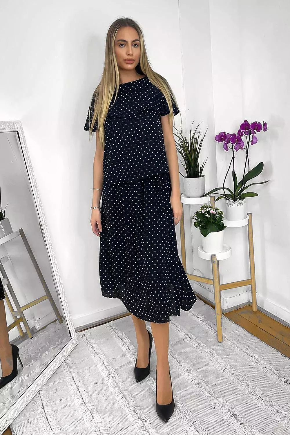 Navy Polka Dot Frilled Top and Midi Skirt Set for Women