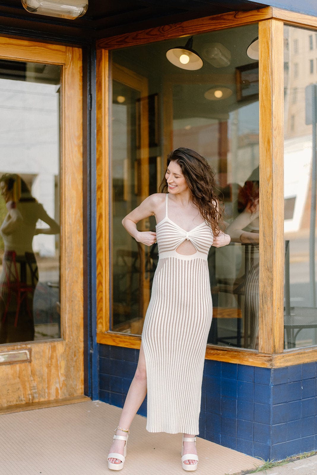 Oatmeal Knit Midi Dress with Side Slit