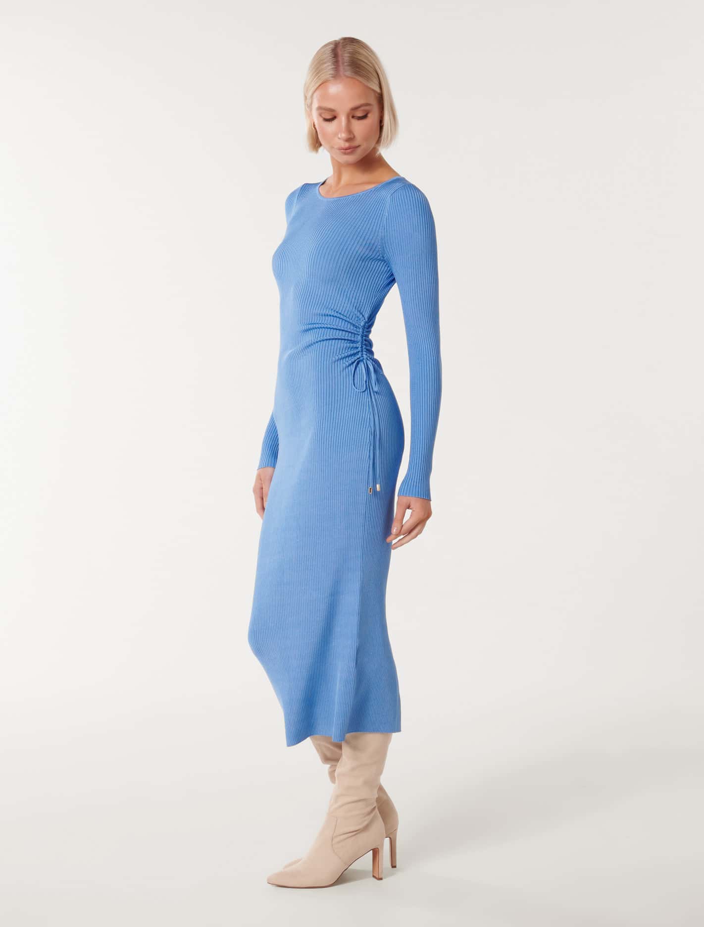 Olivia Ruched Rib Midi Knit Dress - Shop now!